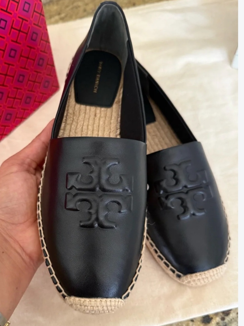 Tory Burch Black Leather Espadrille Loafers with Jute Trim